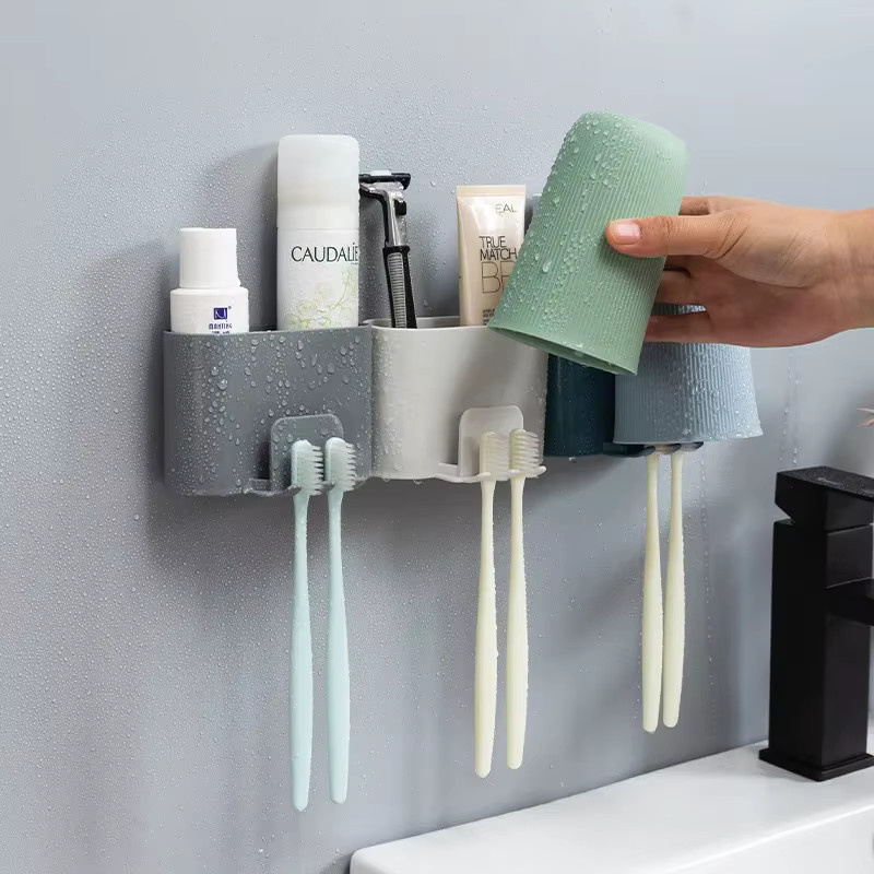 VIE LENTE Zahnbürstenhalter zur Wandmontage mit Saugnapf für Zahnbürsten und Zahnpasta, Organizer für das Badezimmer, Grau oder Weiß - Bild 1
