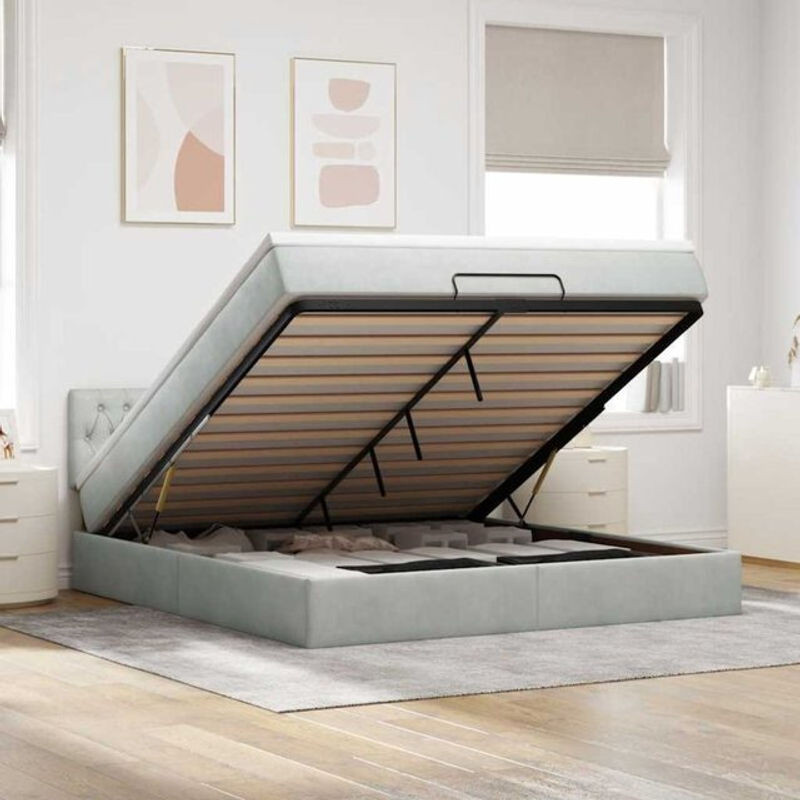 vidaxl Ottoman Polsterbett mit Matratze und LED in Hellgrau aus Samt, B/T/H: 160 x 200 x 78 cm - Bild 1