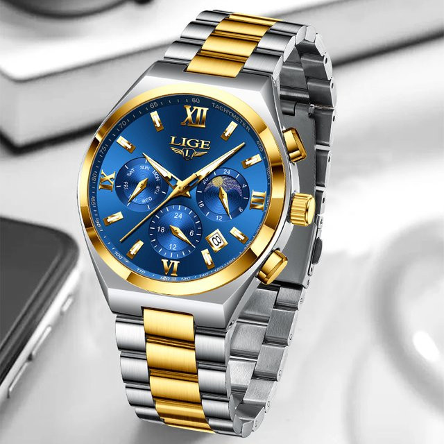 LIGE Armbanduhr Quarz, Edelstahl, Blau, Herren, Mondphase, Datum - Bild 1