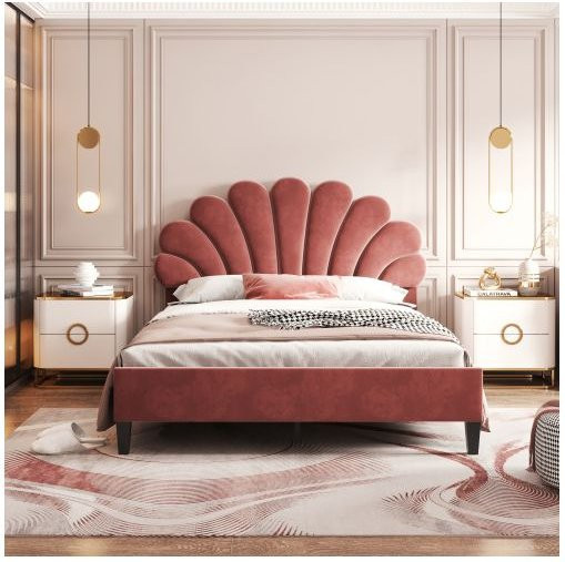 Gepolstertes Doppelbett MUVOE mit floralem Kopfteil und Lattenrost in Beige, B/T/H: 140 x 200 cm - Bild 1