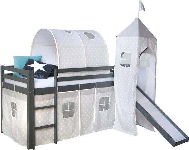 Homestyle4u Hochbett für Kinder aus Kiefernholz mit Rutsche, Tunnel, Turm und Vorhang in Grau mit Sternen, B/T/H: 207 x 90 x 187 cm - Bild 1