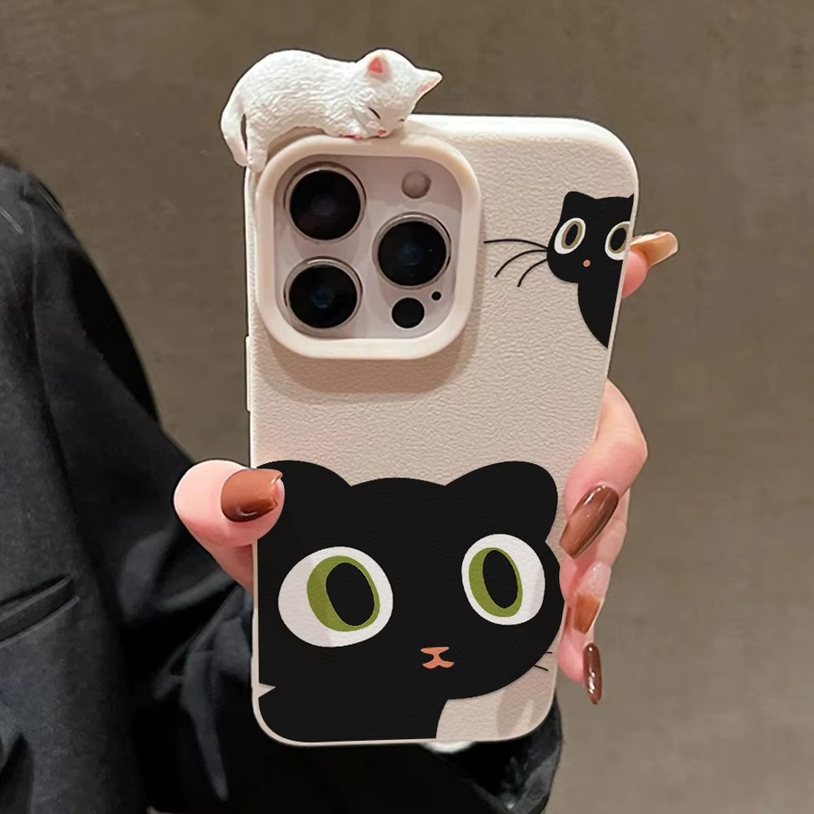 Stoßfeste Leder-Handyhülle mit süßem Katzen-Design für Apple iPhone 17 Pro Max 16 15 14 13 12 Plus Air in Schwarz und Grün - Bild 4