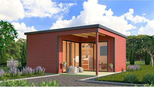 Lasita Holz-Gartenhaus Domeo 6 Loggia mit Flachdach in Schwedenrot, Blockbohlenbauweise, B/T: 500 x 500 cm - Bild 1
