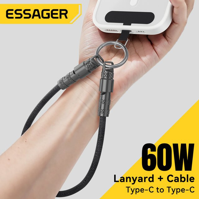 Essager 60 W USB-C auf USB-C Schnellladekabel mit Lanyard Neckholder in Schwarz - Bild 1