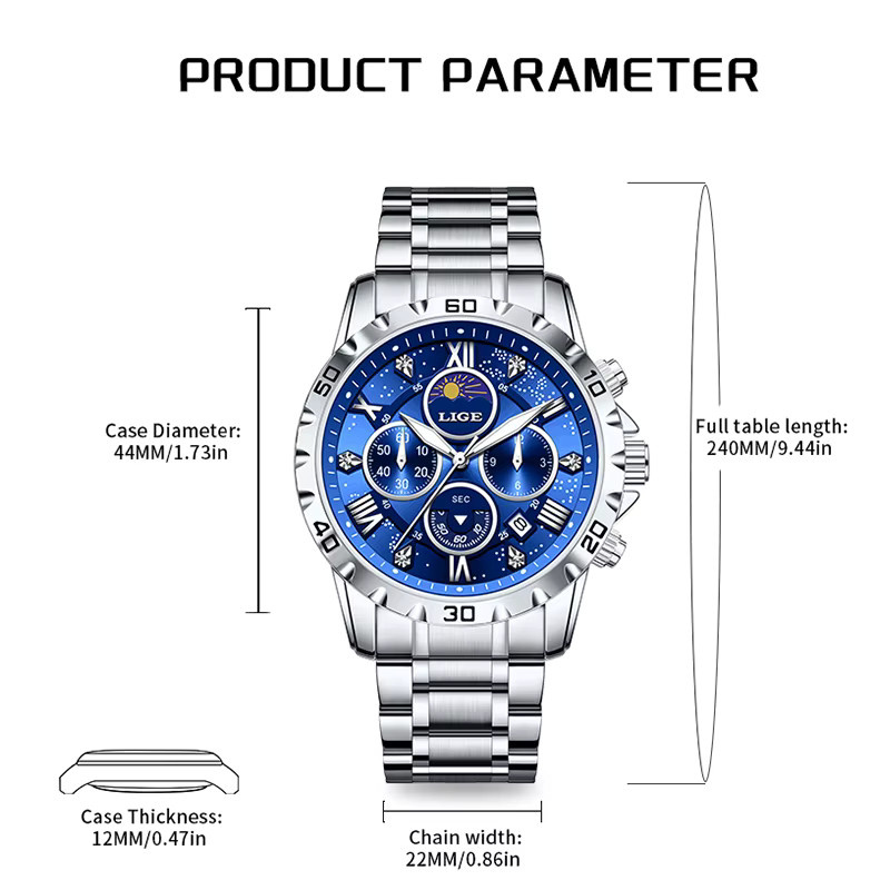 LIGE Chronograph, Quarz, Edelstahl, Blau, Herren - Bild 4