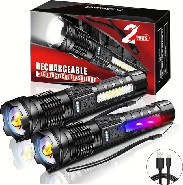 Wasserdichte XHP50 LED Taschenlampe aus Aluminium in Schwarz mit Seitenlicht, 7 Modi, USB wiederaufladbar und Zoomfunktion für Camping und Angeln - Bild 1