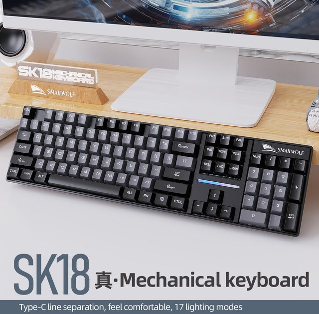 SMAILWOLF SK18 Mechanische Gaming-Tastatur mit grüner Achse, kabelgebunden, 104 Tasten, Schwarz - Bild 1