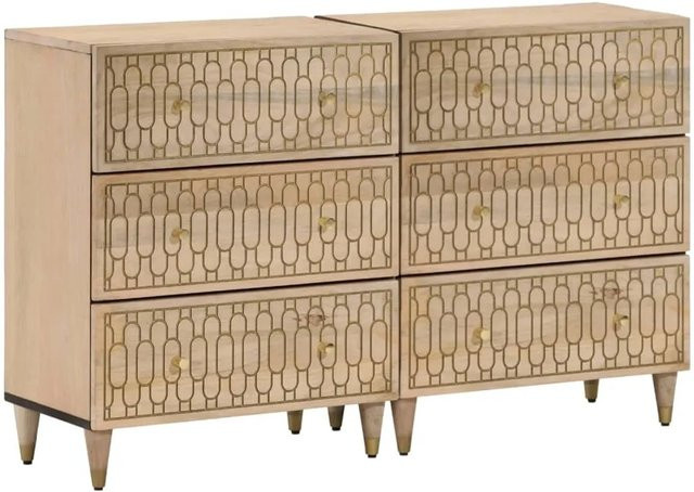 vidaXL Beistellschränke 2er Set aus Mango-Massivholz in Braun mit Blumenmuster im Retro-Stil, B/T/H: 60 x 33 x 75 cm - Bild 1