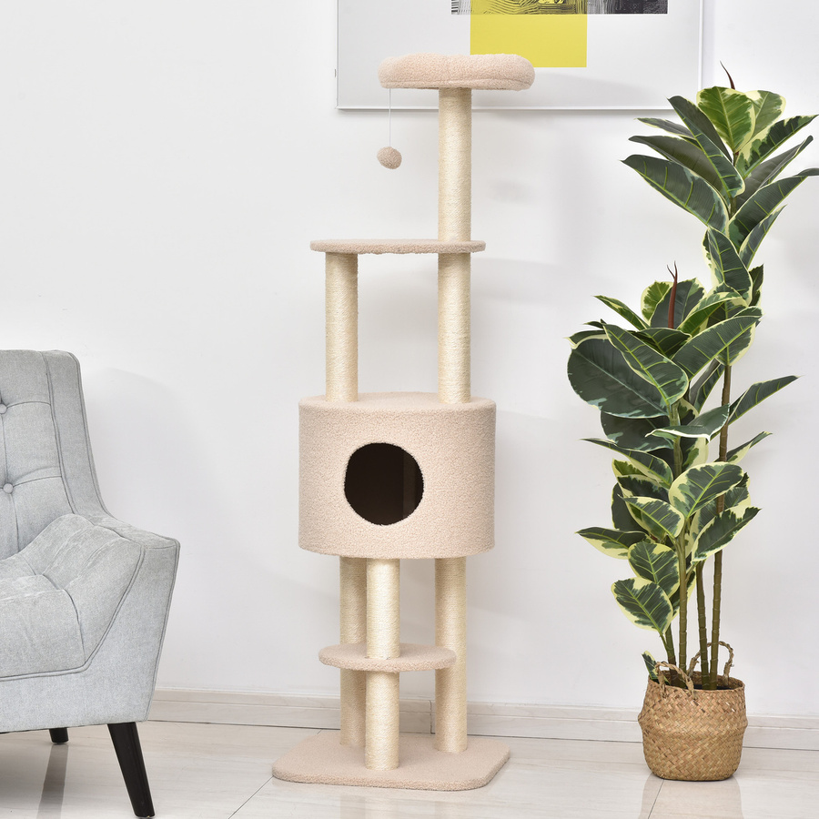 PawHut Kratzbaum Beige mit Höhle, 4 Spielzeugen und Sisalstämmen, Höhe: 148 cm - Bild 2