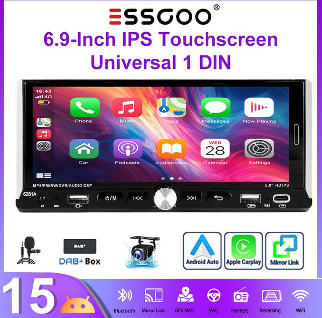 ESSGOO Android 15 Autoradio mit 6,9 Zoll Touchscreen, 4+64 GB, 1 DIN, kabelloses CarPlay, Android Auto, Bluetooth, GPS, WiFi und Lenkradsteuerung in Schwarz - Bild 1