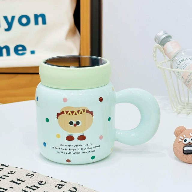 Yiran Furniture Keramiktasse Kleines Monster Cartoon Becher mit Deckel, 480 ml, Mehrfarbig - Bild 1