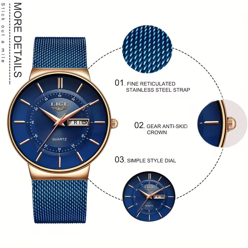 LIGE Armbanduhr, Quarz, Edelstahl, Blau, Herren - Bild 2