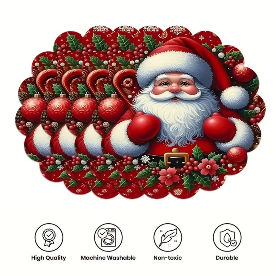 VIKAMA 6-teiliges Weihnachts-Tischset-Set mit Weihnachtsmann-Motiv, wasserdichte runde Tischsets in Multicolor - Bild 2