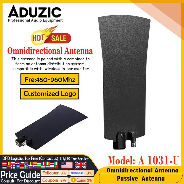 Aduzic A 1031-U Omnidirektionale Antenne in Schwarz für IEM AC8 Passives Antennenverteilungssystem für Drahtlose In-Ear-Monitore 450-960MHz - Bild 1