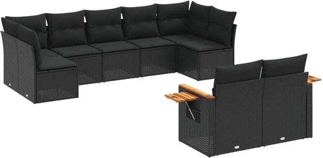 vidaXL 9-teilige Garten-Sofagarnitur in L-Form aus schwarzem Poly-Rattan mit Kissen und pulverbeschichtetem Stahlrahmen - Bild 1