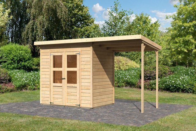 Gartenhaus Merseburg aus Holz mit Anbaudach in Beige, B/H/T: 390 x 219 x 154 cm - Bild 2