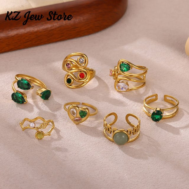 BAUTOBVC Ring Edelstahl, Gold, Grüner Kristall, Damen, Vintage - Bild 1