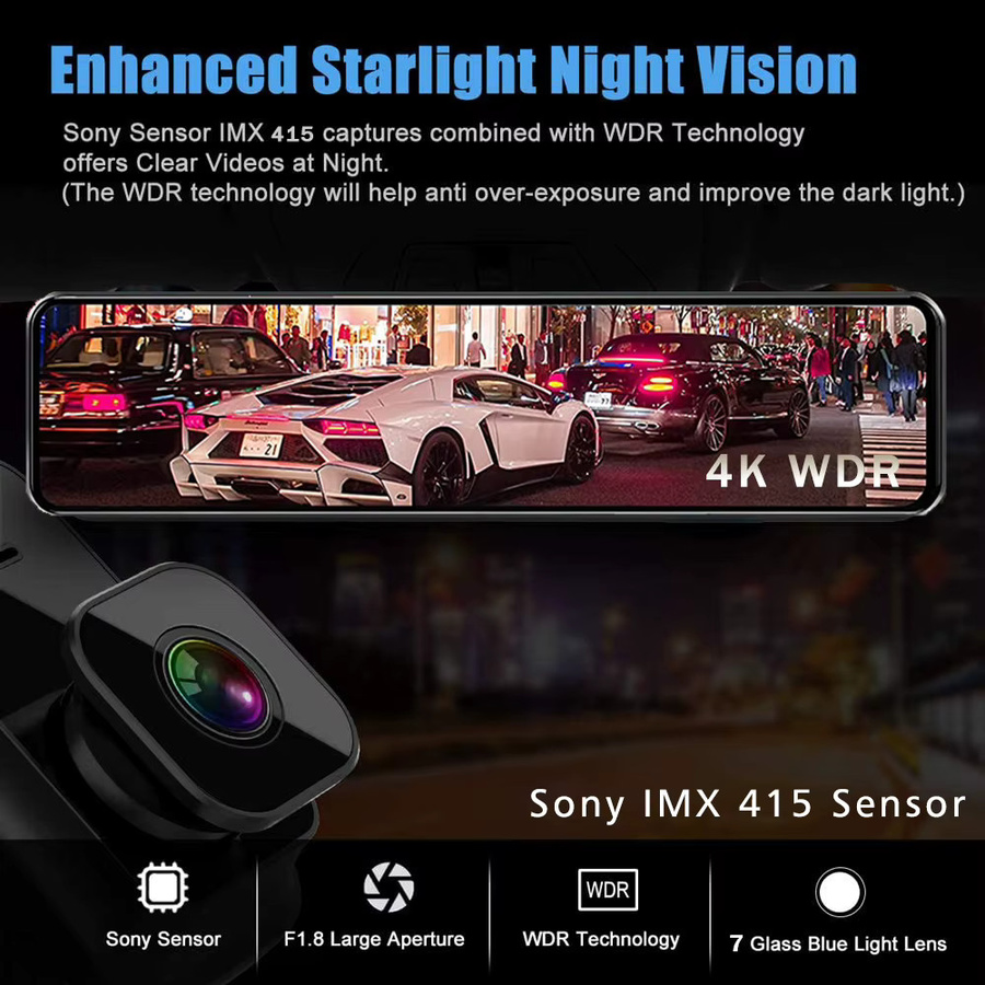4K UHD Dashcam Rückspiegel mit Dual-Objektiv, GPS und WiFi, 11,26 Zoll IPS Display, Schwarz - Bild 3