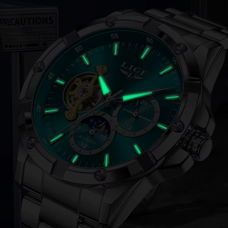LIGE Armbanduhr Automatik, Edelstahl, Silber, Grün, Herren - Bild 4