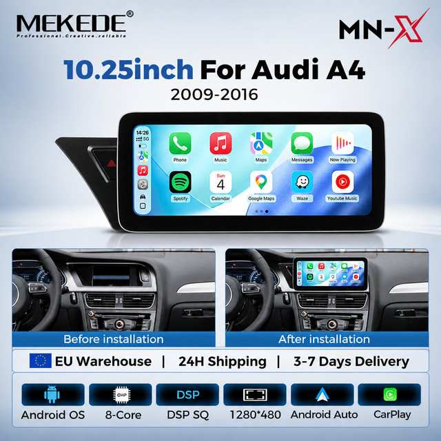 MEKEDE Android All-in-One Autoradio für Audi A4 B8 und A5 2009-2017 mit 10,25 Zoll Multimedia-Display, kabelloses CarPlay und Android Auto, 8-Kern, GPS, WiFi, 4G, Bluetooth und DSP, Schwarz - Bild 1