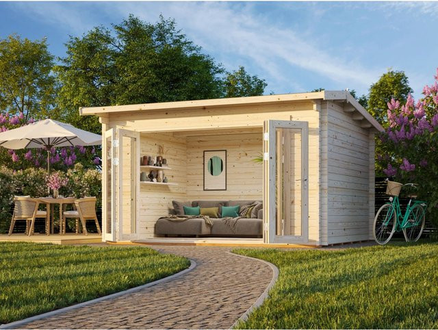Palmako Gartenhaus Ines aus Fichten-Blockbohlen mit Satteldach, Lackiert, Grau-Anthrazit, B/T/H: 434 x 379 x 250 cm - Bild 1
