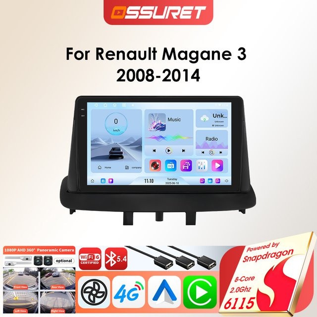 OSSURET Android-Autoradio-Player für Renault Megane 3 und Fluence 2008–2014 mit Carplay, GPS und Snapdragon 6115, Schwarz - Bild 1