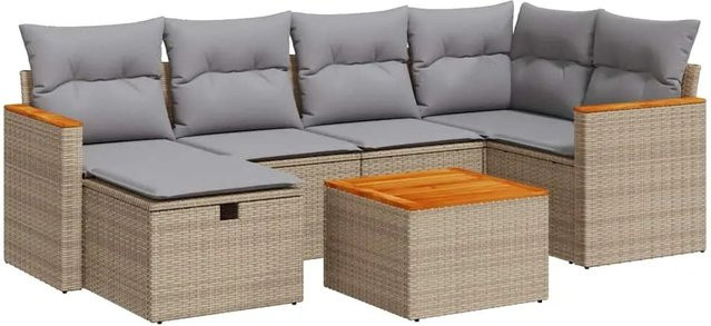 vidaXL 7-tlg. Garten-Sofagarnitur aus Polyrattan in Beige mit Kissen und Ottoman für Terrasse und Garten - Bild 1