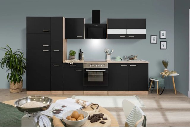 Respekta Küchenzeile KB300ESSCGKE in Schwarz-Eiche Sägerau Nachbildung mit Glastüren und Soft-Close-Funktion, B/T/H: 300 x 55 x 200 cm - Bild 1