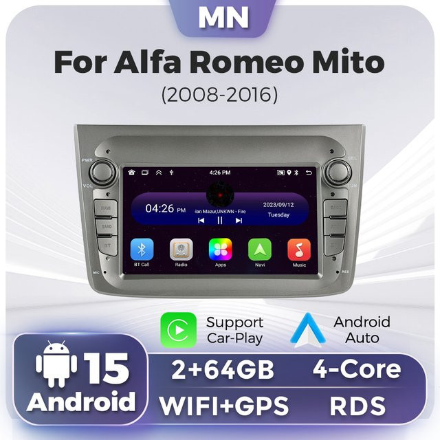 NAVIFANS Android 15 Carplay Autoradio für Alfa Romeo Mito 2008-2013 mit GPS Navigation und RDS Multimedia-Player in Schwarz - Bild 1