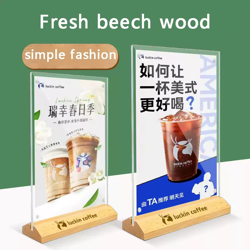 A4 Acryl-Standdisplay mit Holzfuß, L-förmiger Tischkartenhalter und Werbetafel für den Schreibtisch, transparent - Bild 2