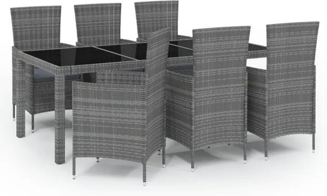 vidaXL 7-tlg Garten-Essgruppe aus Poly Rattan mit Kissen und Tisch aus gehärtetem Glas in Grau - Bild 1