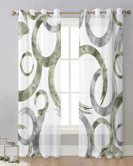 Yiran Furniture Transparente Tüllvorhänge in Salbeigrün mit geometrischer Textur und Ösen, 2er-Set, Breite: 65 cm, Höhe: 60 cm - Bild 1