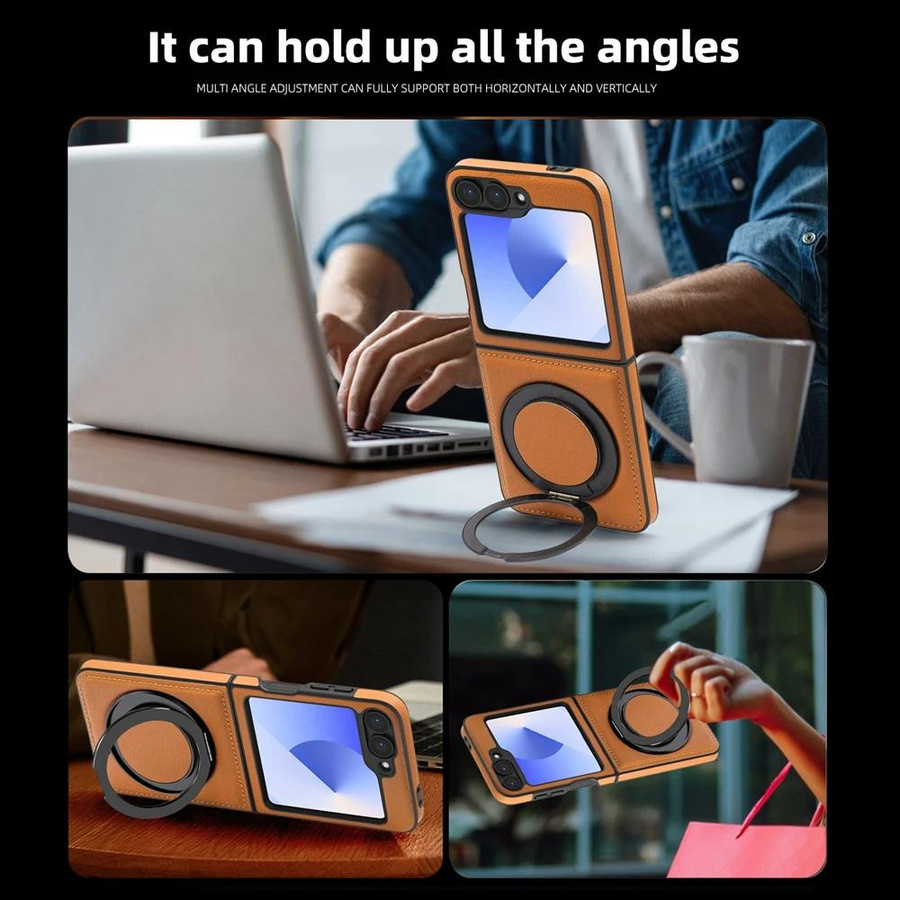 Stoßfeste Lederhülle mit 360° Ringhalter als Klapphülle für Samsung Galaxy Z Flip 5, 6 und 7 in Braun - Bild 4