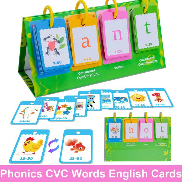 QKX CVC Words Phonics Vocabulary Lernkarten für Kinder zur Förderung der englischen Sprache mit kurzen Vokalen, Mehrfarbig - Bild 1