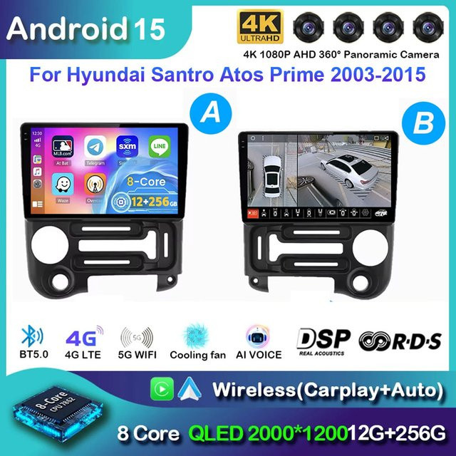 TIEYEZ Android 15 Radio Stereo für Hyundai Santro Atos Prime 2003-2015 mit QLED Bildschirm, GPS und 4G Navigation in Schwarz - Bild 1