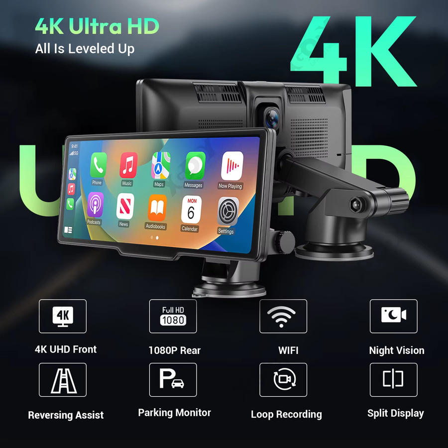 ESSGOO 4K Dual-Lens Dashcam mit 10,26 Zoll Touchscreen, kabelloses Apple CarPlay und Android Auto, Videorecorder in Schwarz - Bild 4