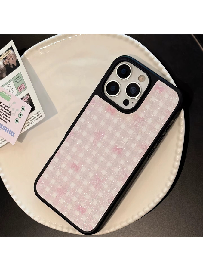 MUQGEW Handyhülle mit rosa Schleife und Gittermuster in Glitzer-Optik für iPhone 16 15 14 13 12 Pro Max, schwarzer Rahmen, Hard Cover mit Anti-Drop-Schutz - Bild 5