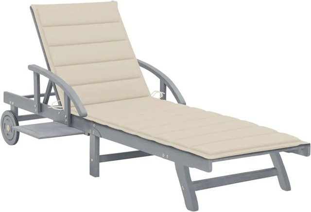 vidaXL Sonnenliege aus Akazie Massivholz mit Auflage in Beige und Grau, inklusive verstellbarer Kopfstütze, Seitentisch und Rollen für Garten, Balkon und Terrasse - Bild 1