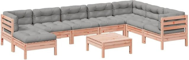 vidaXL 9-tlg. Garten-Sofagarnitur aus Massivholz Douglasie in L-Form mit Kissen und Ottoman, Farbe: Braun/Grau - Bild 1