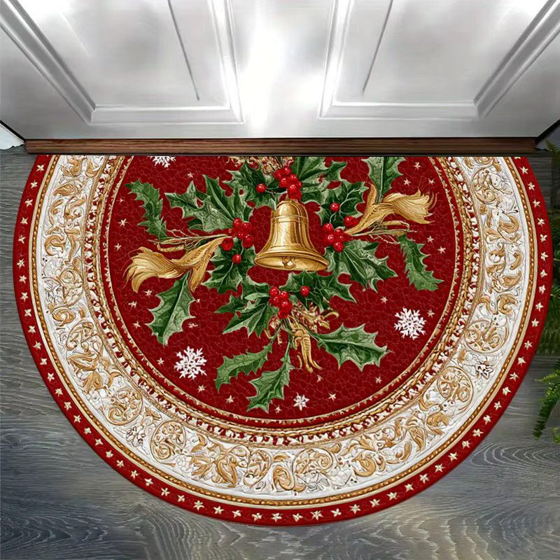 VIKAMA Weihnachts-Fußmatte im Vintage-Stil, halbrund, rot mit goldenen Glocken und Holly-Print, Druckteppich für deine Weihnachtsdekoration - Bild 3