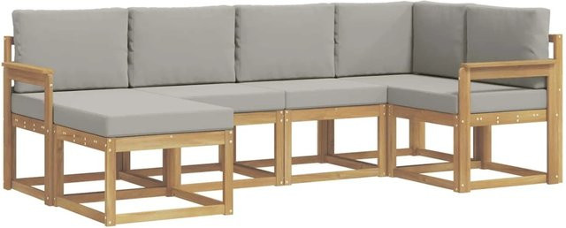 vidaXL Outdoor-Sofagarnitur 6-teilig in L-Form aus massivem Akazienholz mit Polstern in Weiß und Hellgrau - Bild 1