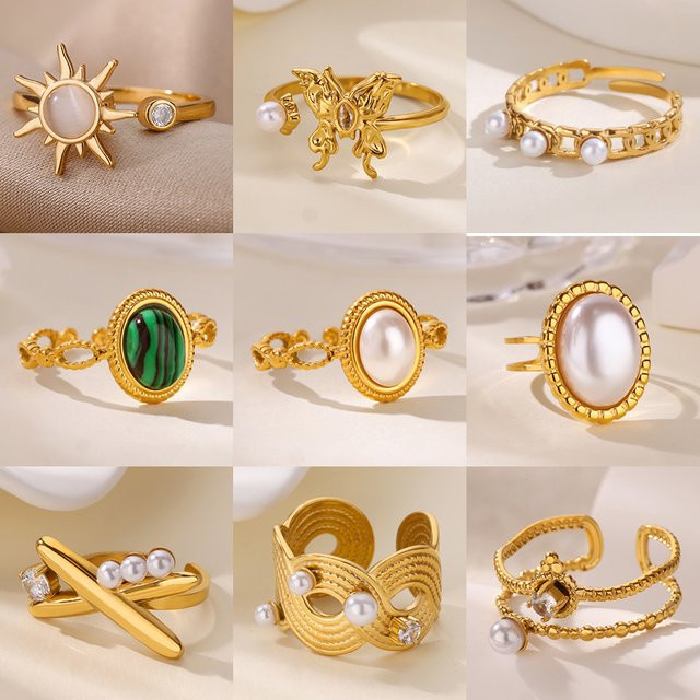HPTOTMG Ringe Edelstahl, Gold, Perle, Zirkonia, Damen, Vintage - Bild 1