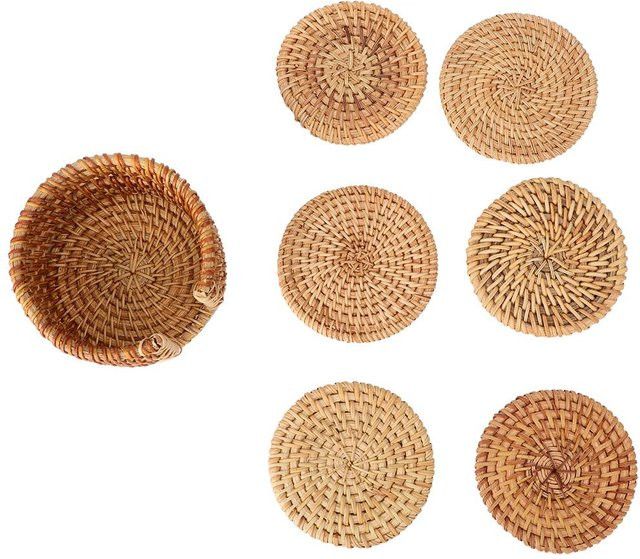 6 Stück mfySpace Vintage Rattan Untersetzer für Tee und Getränke, runde Isoliermatten aus geflochtenem Rattan - Bild 1