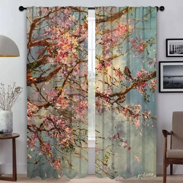 2er-Set Blumen Küchenvorhänge aus Tüll in Multicolour für Wohnzimmer und Schlafzimmer, Breite: 50 cm, Höhe: 70 cm - Bild 1