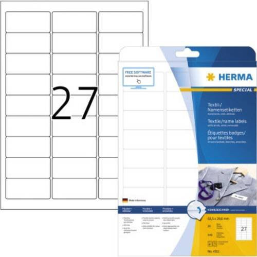 Herma Namens- und Textiletiketten aus Acetatseide, Weiß, A4, Breite: 6,35 cm, Höhe: 2,96 cm, 540 Stück, für Laserdrucker, wiederablösbar - Bild 1