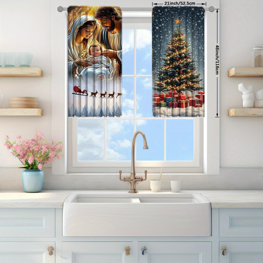 Set aus 2 Krippen-Weihnachts-Druckvorhangpaneelen für Mädchen zur Heimdekoration in Wohnzimmer und Schlafzimmer, Polyester, Breite: 100 cm, Höhe: 70 cm - Bild 3