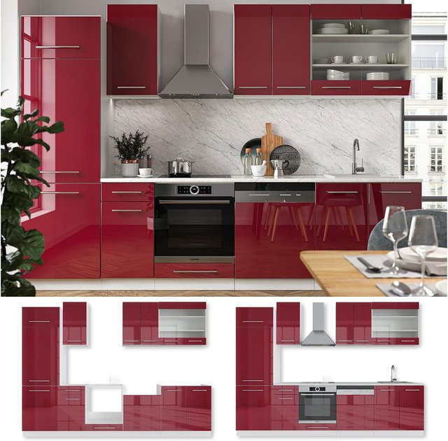 Vicco Küchenzeile Fame-Line Einbauküche mit Hochglanz Fronten in Rot und Weiß, Breite: 240 cm - Bild 1