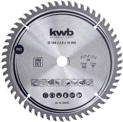 Kwb Hartmetall Kreissägeblatt für Holz und Kunststoff, Farbe: Silber, Durchmesser: 184 mm, Bohrung: 16 mm - Bild 1