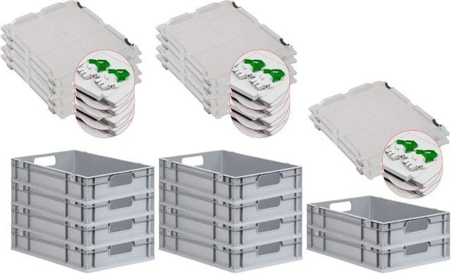 PROREGAL Spar Set 10x Eurobox Nextgen Economy mit Scharnierdeckel und grünen Schiebeschnappverschlüssen, Grau, H x B x T: 12 x 40 x 60 cm - Bild 1
