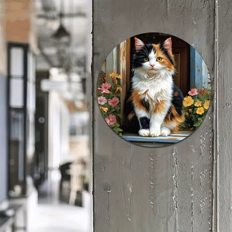 Potdemiel Vintage-Wandschild aus Aluminium mit floralem Kaliko-Katzen-Motiv, rund, Mehrfarbig - Bild 2